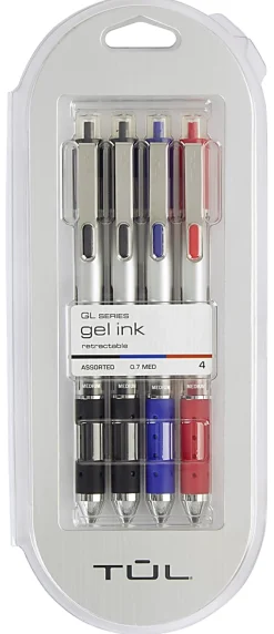 TUL® Retractable Gel Pens, Medium Point, 0.7 mm, Silver Barrel, Black/Blue/Red Inks, Pack Of 4 Pens