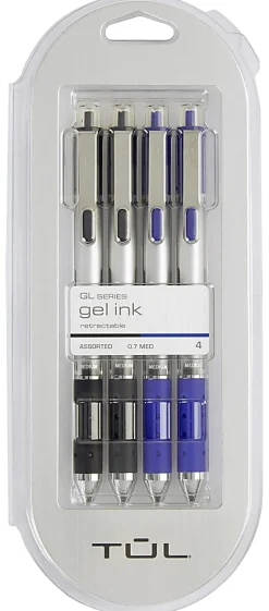 TUL® Retractable Gel Pens, Medium Point, 0.7 mm, Silver Barrel, Black And Blue Inks, Pack Of 4 Pens