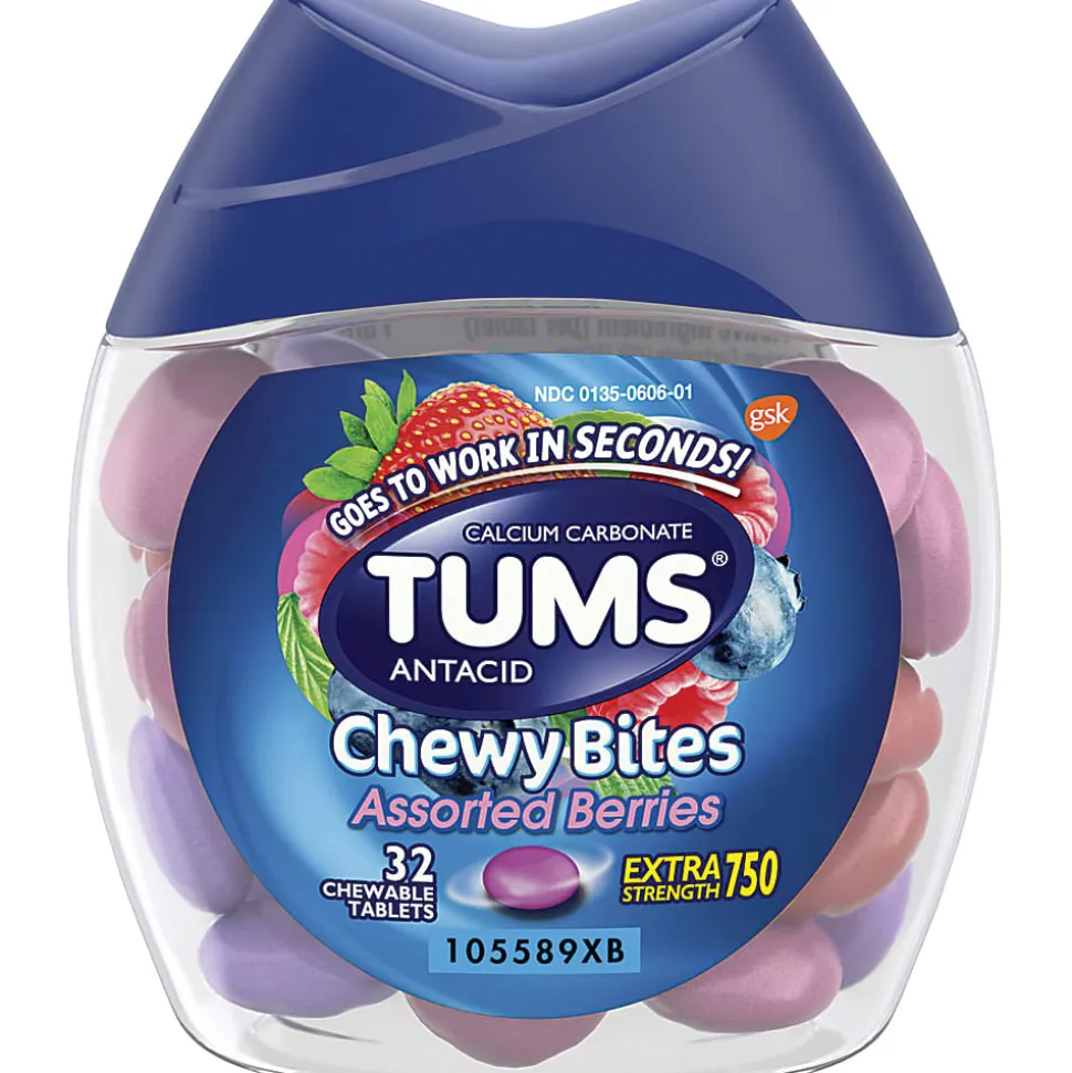 TUMS Chewy Bites Chewable Antacid Tablets, Assorted Berries, Bottle Of 32 Tablets