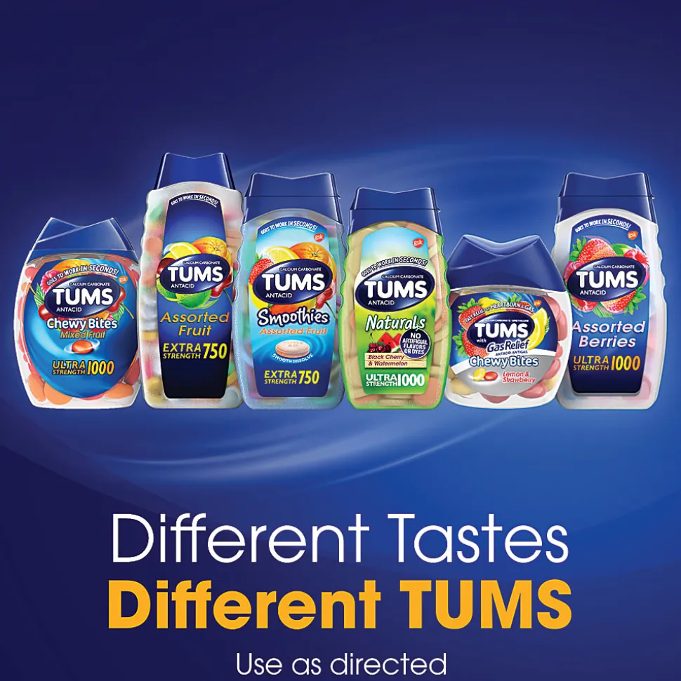 TUMS Smoothies Extra-Strength Antacid Chewable Tablets, Assorted Fruits, 60 Tablets Per Bottle