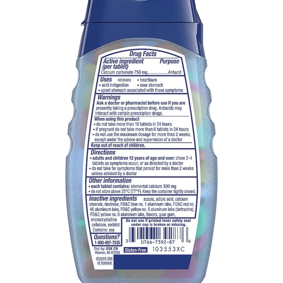 TUMS Smoothies Extra-Strength Antacid Chewable Tablets, Assorted Fruits, 60 Tablets Per Bottle