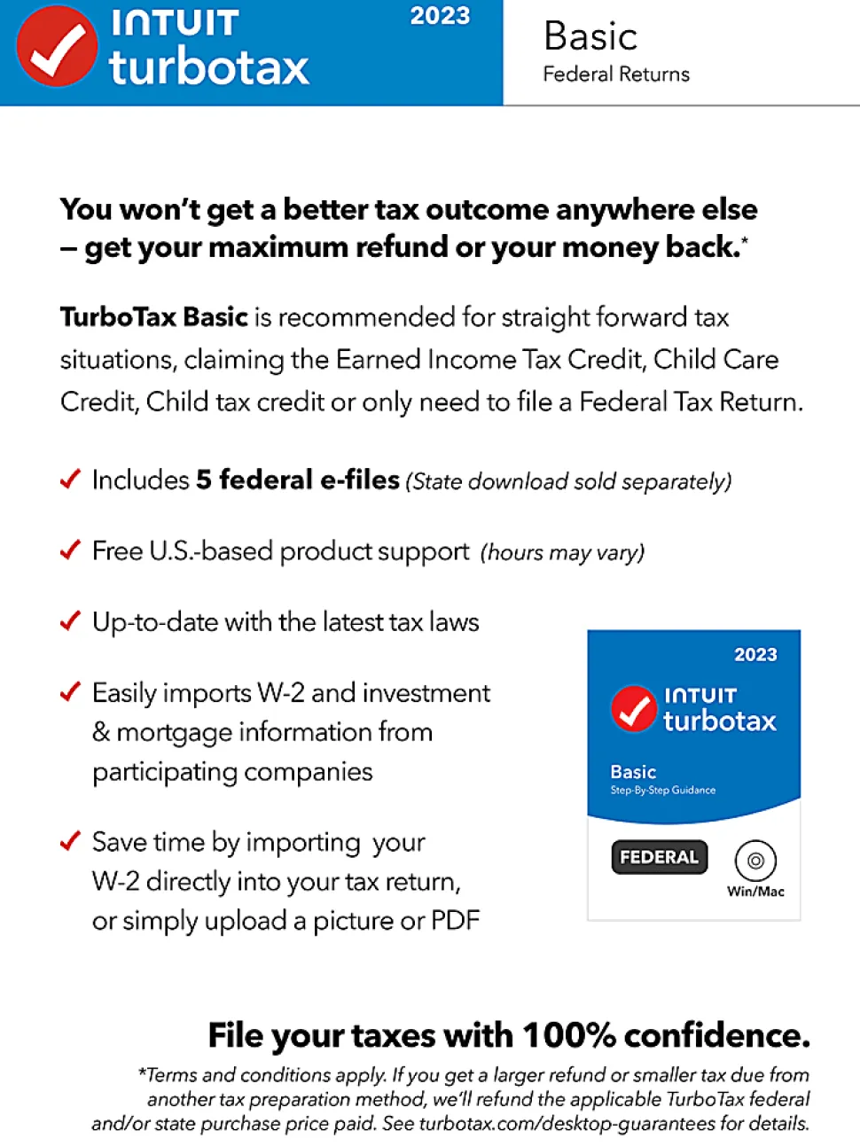 TurboTax Basic 2023 Federal Only + E-file, For PC/Mac, Disc Or Download