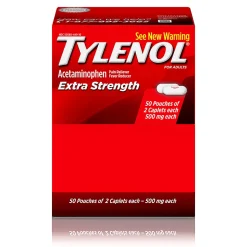 TYLENOL® Extra Strength Caplets, Fever Reducer and Pain Reliever, 500 mg, 2 Caplets Per Packet, Box Of 50 Packets