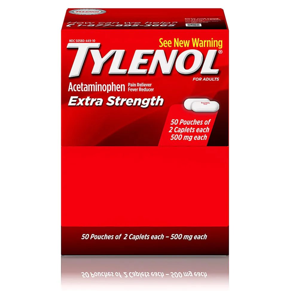 TYLENOL® Extra Strength Caplets, Fever Reducer and Pain Reliever, 500 mg, 2 Caplets Per Packet, Box Of 50 Packets