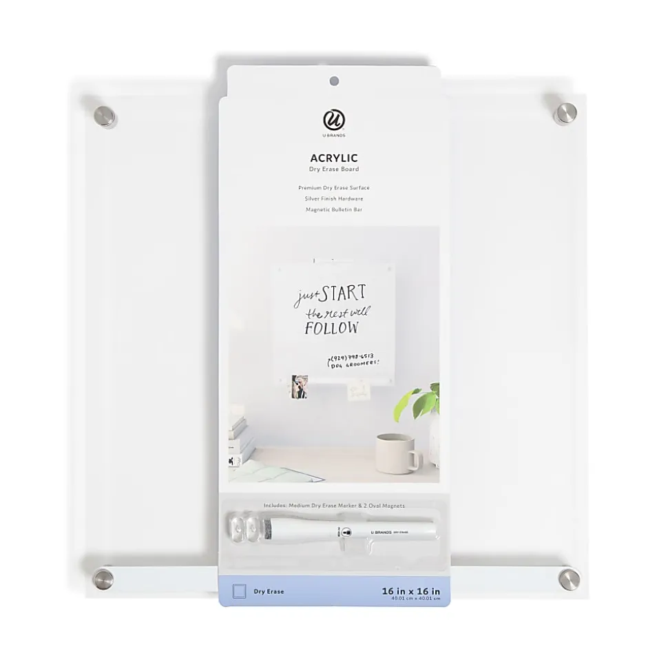 U Brands® Acrylic Dry-Erase Board With Magnetic Bulletin Bar, 16” x 16”, Clear