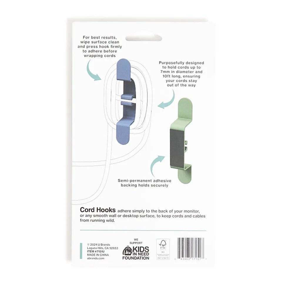 U Brands Cable Wrap Cord Organizer Hooks, Blue/Green, Set Of 2 Hooks