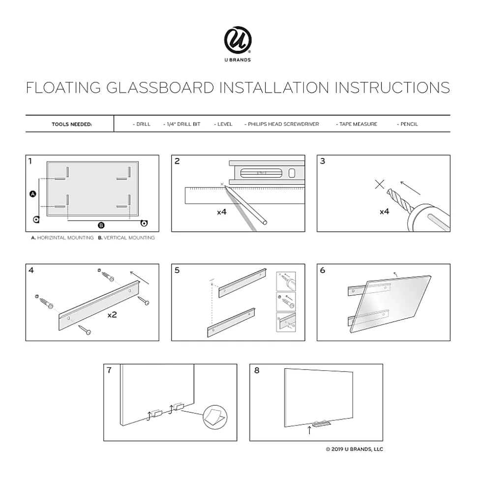 U Brands® Floating Glass Dry-Erase Monthly Calendar Board, 36" X 36", White Frosted Surface, Frameless, Actual Size 35" X 35" (2910U00-01)