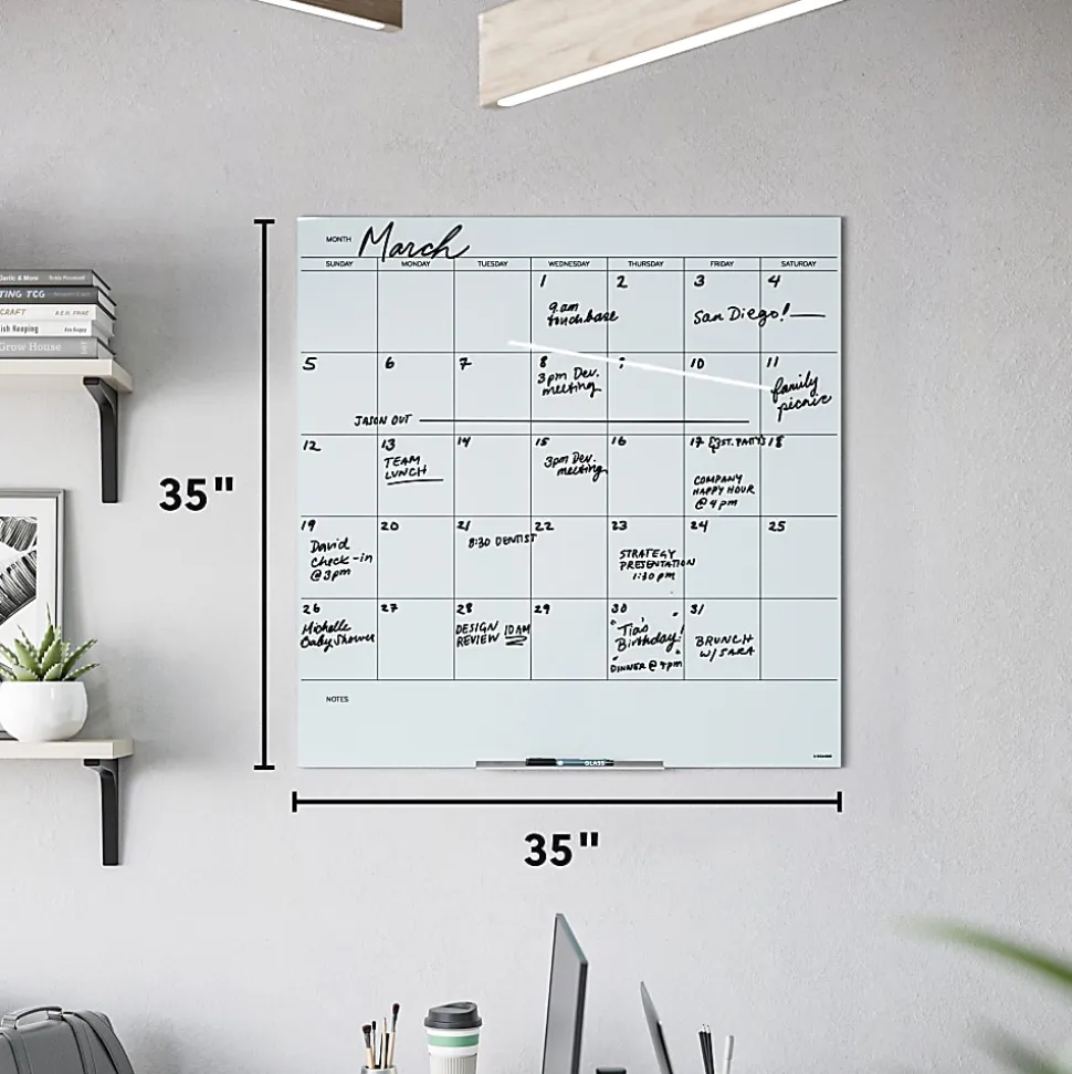 U Brands® Floating Glass Dry-Erase Monthly Calendar Board, 36" X 36", White Frosted Surface, Frameless, Actual Size 35" X 35" (2910U00-01)