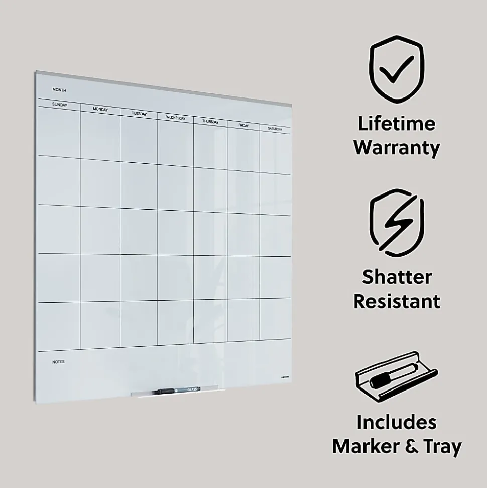 U Brands® Floating Glass Dry-Erase Monthly Calendar Board, 36" X 36", White Frosted Surface, Frameless, Actual Size 35" X 35" (2910U00-01)