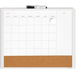 U BrandsĀ® Magnetic Dry-Erase Monthly Calendar Board With Cork Bulletin Strip, 20" x 16", Framed, White/Brown