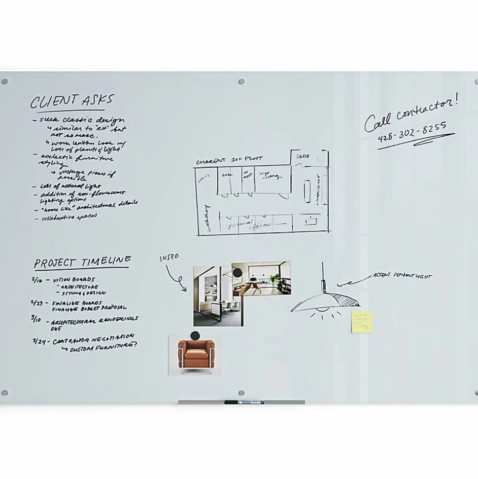 U Brands® Magnetic Glass Dry-Erase Board, 72" X 48", White Frosted Surface, Frameless, Actual Size 70" X 47" (2301U00-01)