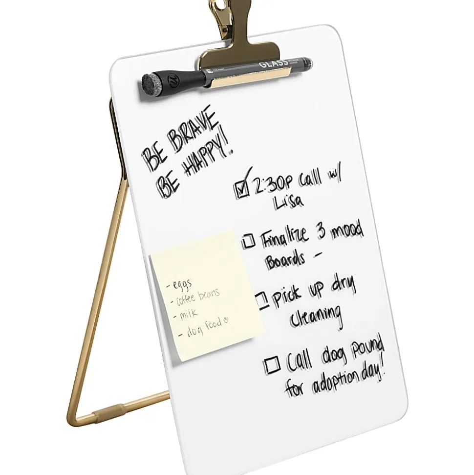 U Brands® Non-Magnetic Glass Dry Erase Desktop Easel, 11 3/4" X 8 1/2", Tempered Glass, Gold Metal Stand, Removable Clip