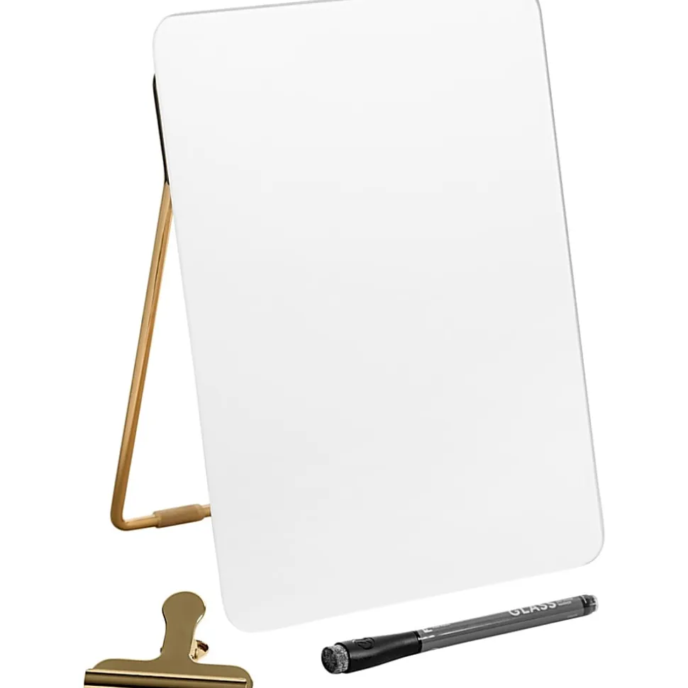 U Brands® Non-Magnetic Glass Dry Erase Desktop Easel, 11 3/4" X 8 1/2", Tempered Glass, Gold Metal Stand, Removable Clip