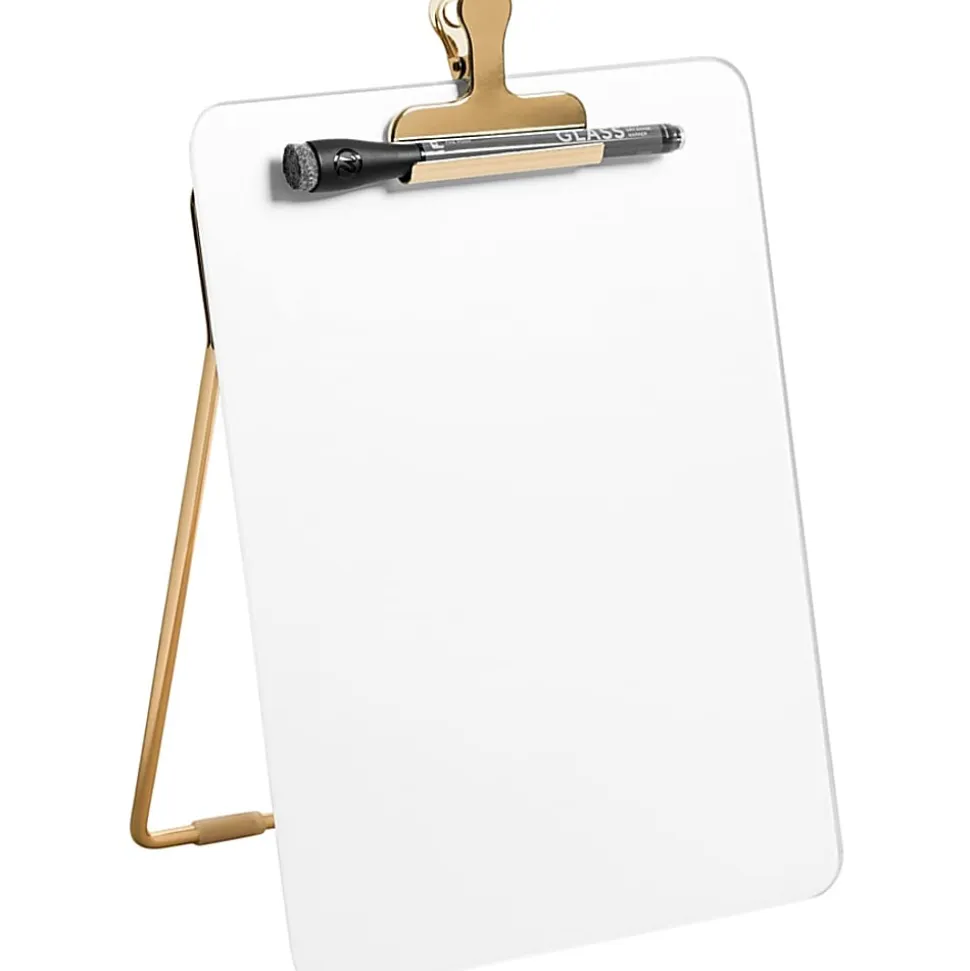 U Brands® Non-Magnetic Glass Dry Erase Desktop Easel, 11 3/4" X 8 1/2", Tempered Glass, Gold Metal Stand, Removable Clip