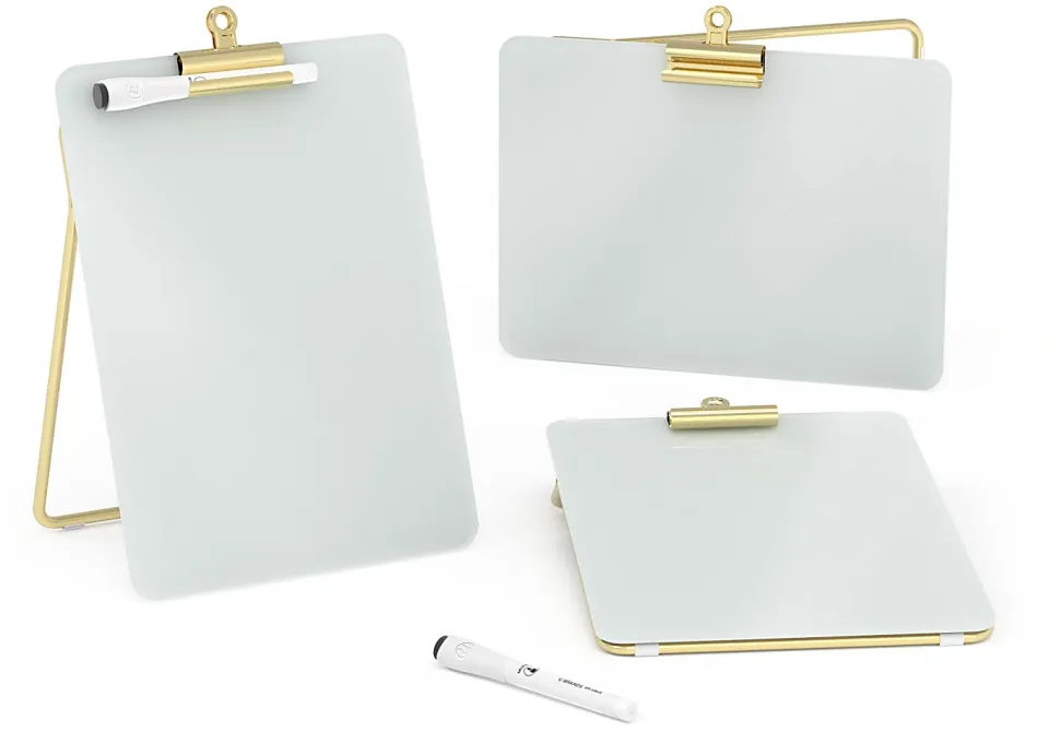 U Brands® Non-Magnetic Glass Dry Erase Desktop Easel, 11 3/4" X 8 1/2", Tempered Glass, Gold Metal Stand, Removable Clip