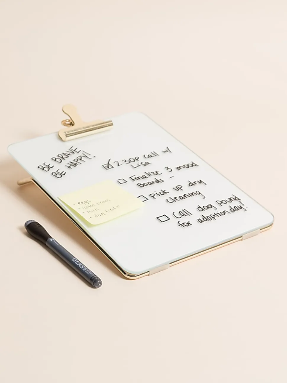 U Brands® Non-Magnetic Glass Dry Erase Desktop Easel, 11 3/4" X 8 1/2", Tempered Glass, Gold Metal Stand, Removable Clip