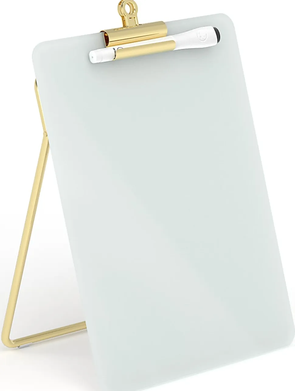 U Brands® Non-Magnetic Glass Dry Erase Desktop Easel, 11 3/4" X 8 1/2", Tempered Glass, Gold Metal Stand, Removable Clip