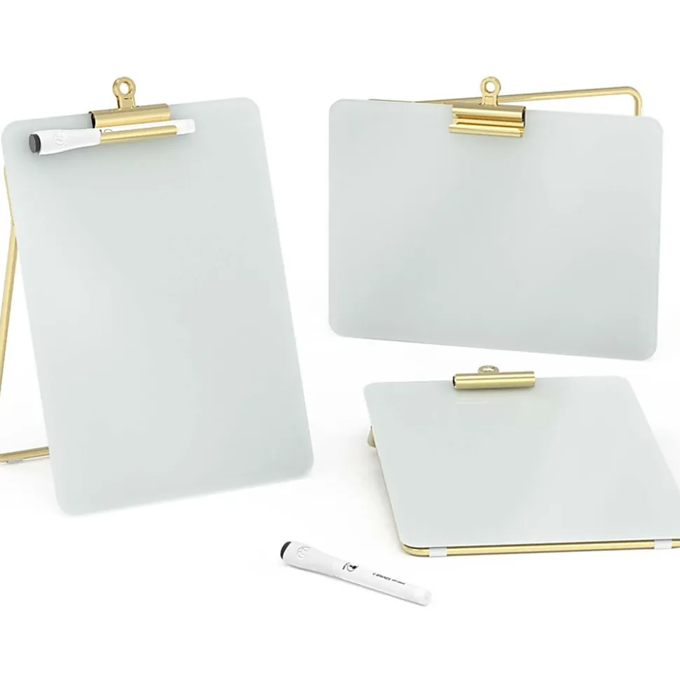 U Brands® Non-Magnetic Glass Dry Erase Desktop Easel, 11 3/4" X 8 1/2", Tempered Glass, Gold Metal Stand, Removable Clip