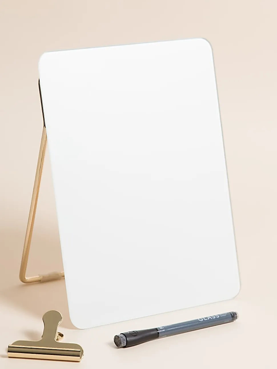 U Brands® Non-Magnetic Glass Dry Erase Desktop Easel, 11 3/4" X 8 1/2", Tempered Glass, Gold Metal Stand, Removable Clip