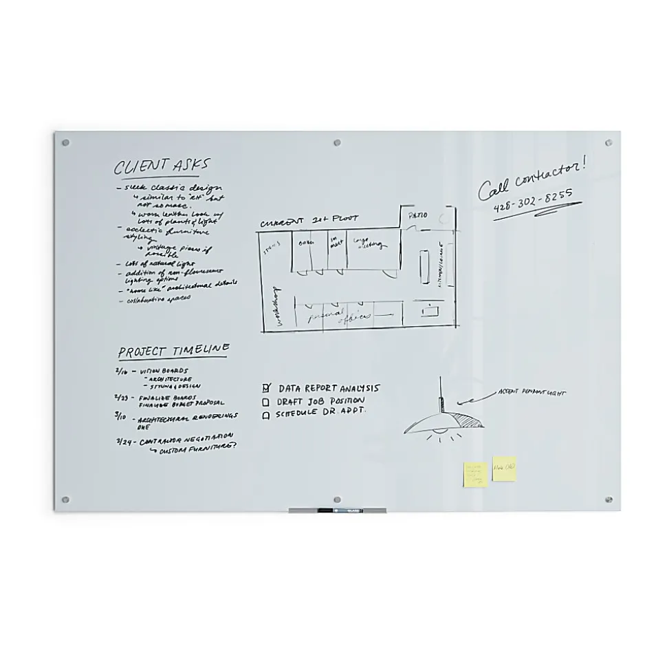 U Brands® Non-Magnetic Glass Dry-Erase Board, 72" X 48", White Frosted Surface, Frameless, Actual Size 70" X 47" (2796U00-01)