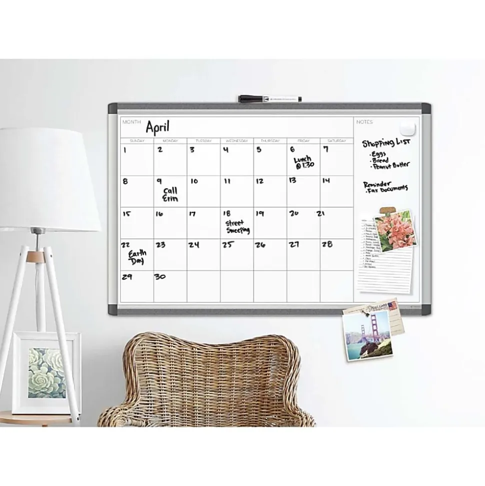 U Brands PINIT Magnetic Dry-Erase Monthly Calendar Board, 48" X 36", Silver Aluminum Frame, Actual Size 47" X 35" (2903U00-01)