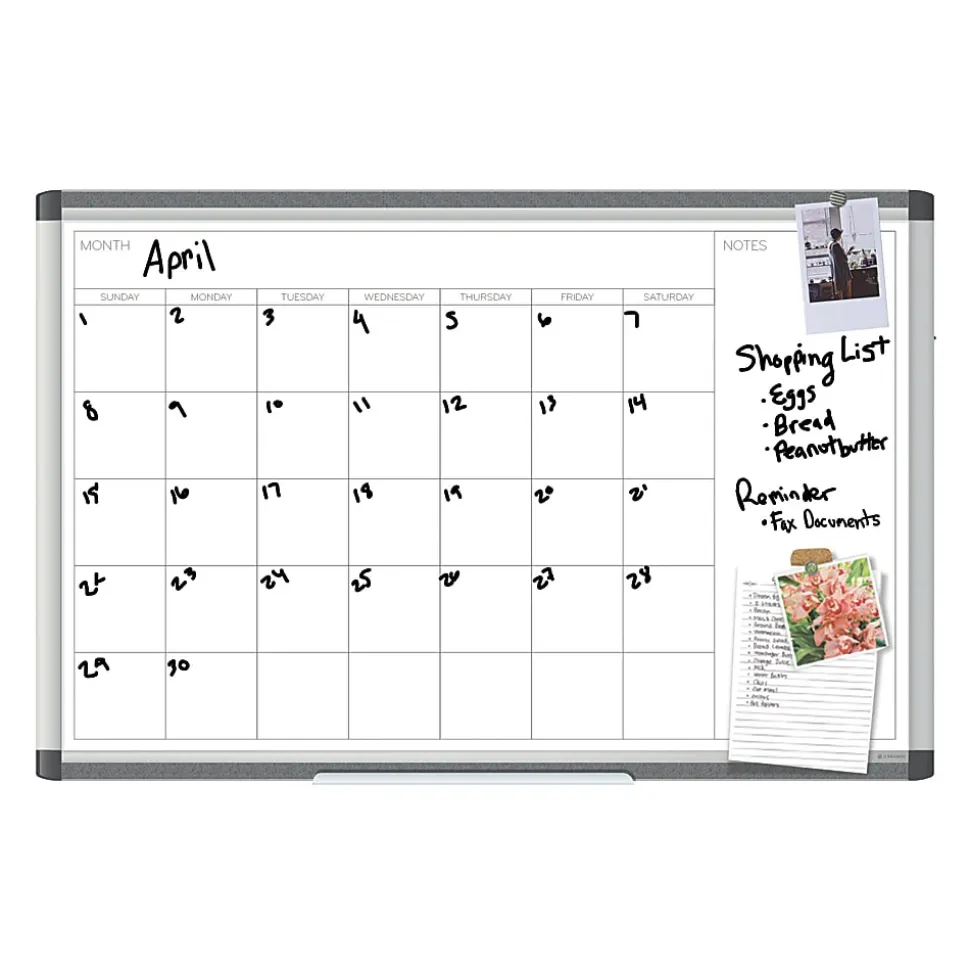U Brands PINIT Magnetic Dry-Erase Monthly Calendar Board, 36" X 24", Silver Aluminum Frame, Actual Size 35" X 23" (2901U00-01)