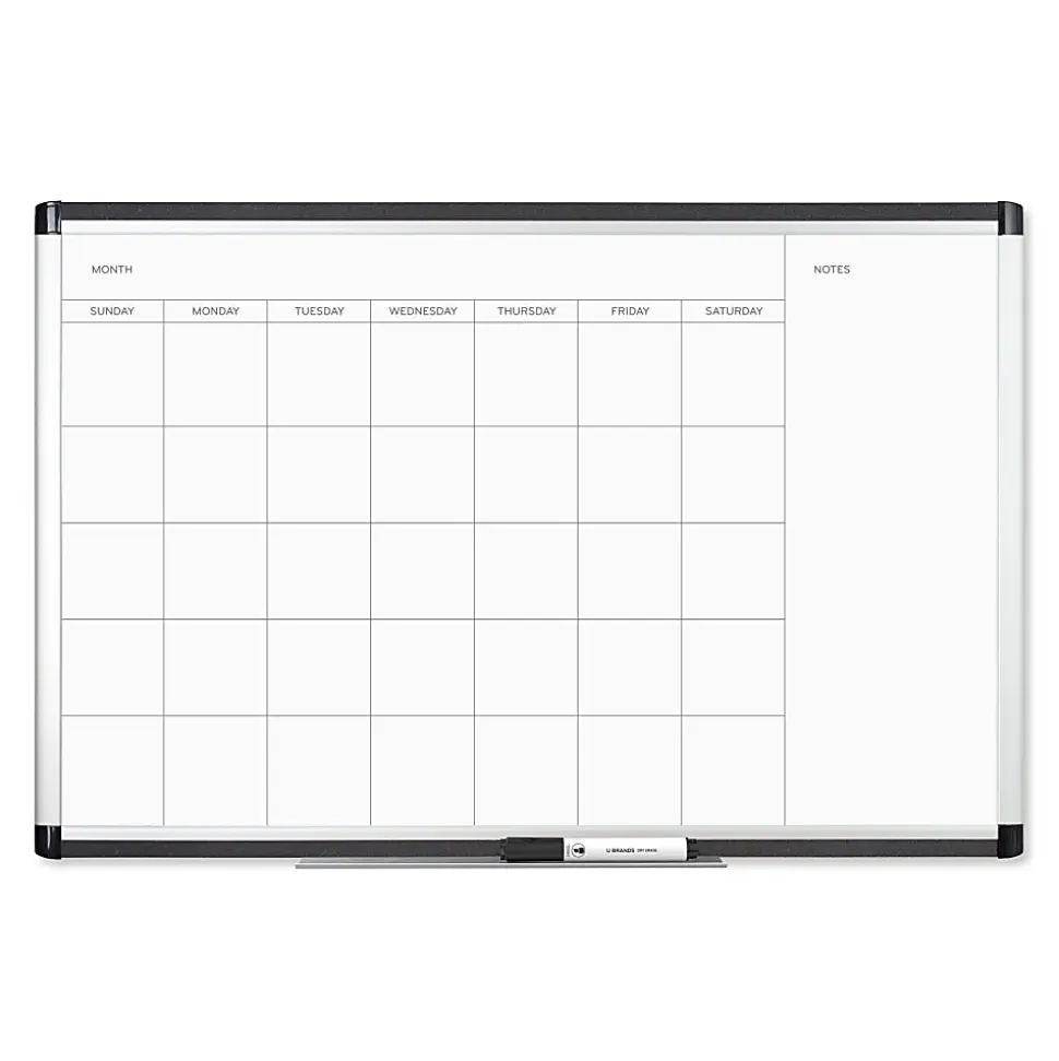 U Brands PINIT Magnetic Dry-Erase Monthly Calendar Board, 36" X 24", Silver Aluminum Frame, Actual Size 35" X 23" (2901U00-01)