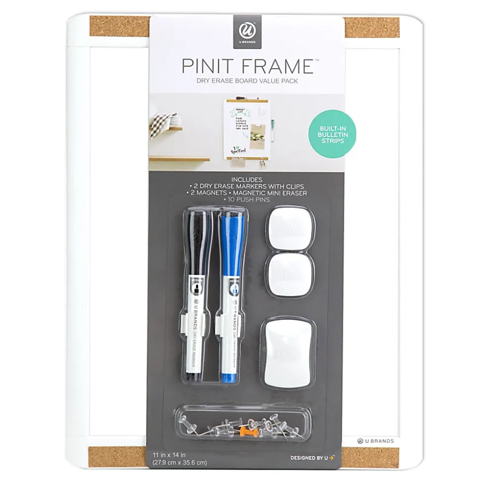 U Brands PINIT Magnetic Dry-Erase Board, Steel, 11" x 14", White Surface, Plastic Frame