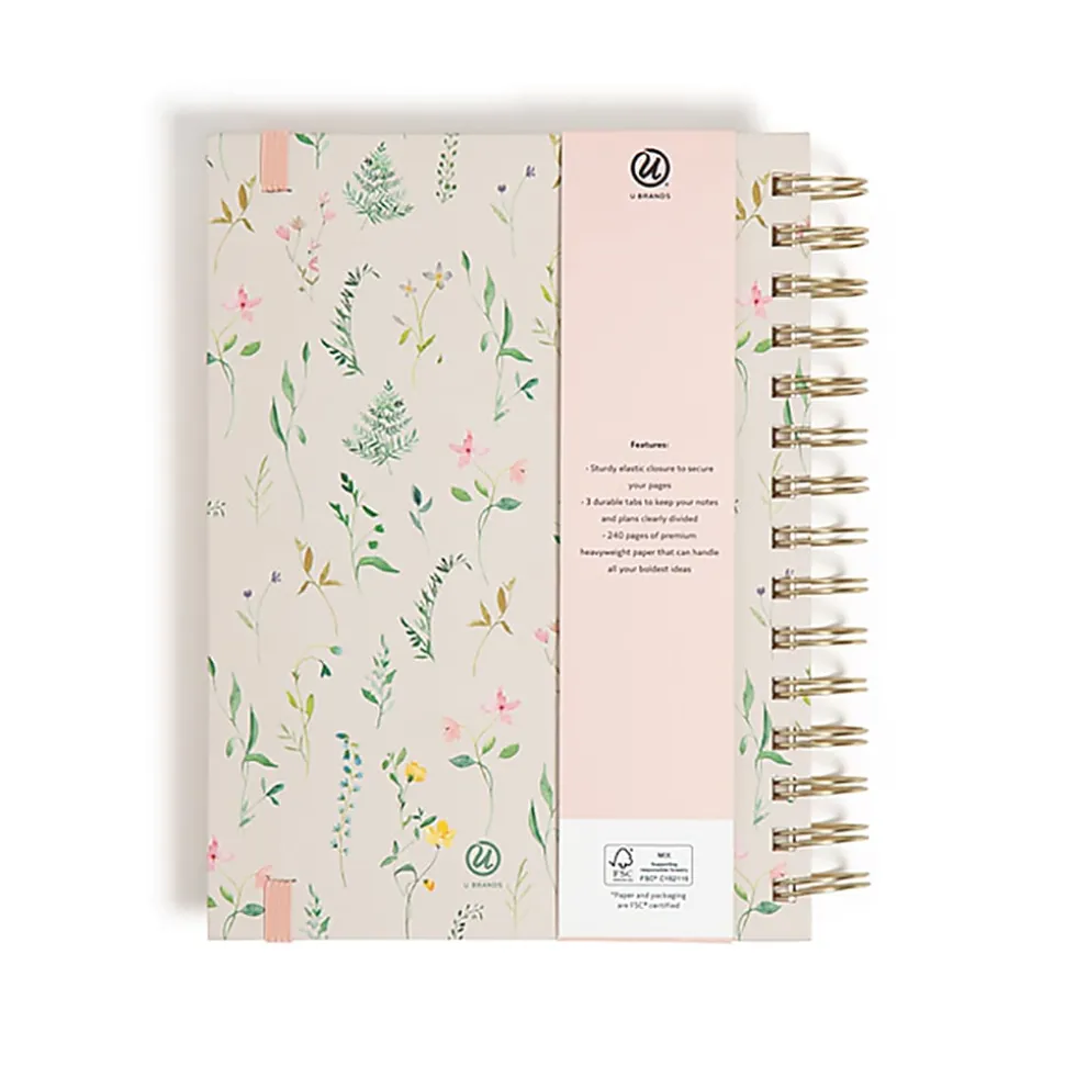 U Brands® Spiral Journal, With 3 Tab Dividers, 6" x 8", Pressed Botanical, Total Quantity 1