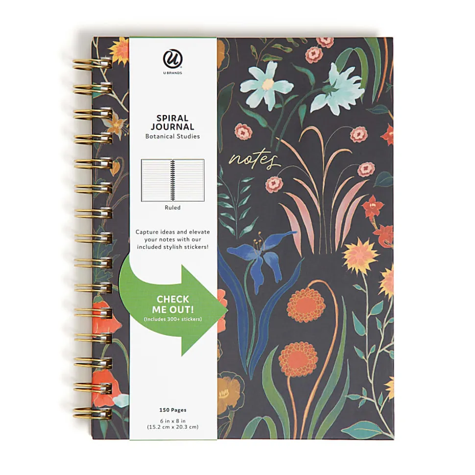 U Brands® Spiral Journal, 6" x 8", College Rule, 150 Pages (75 Sheets), Black Botanical Studies