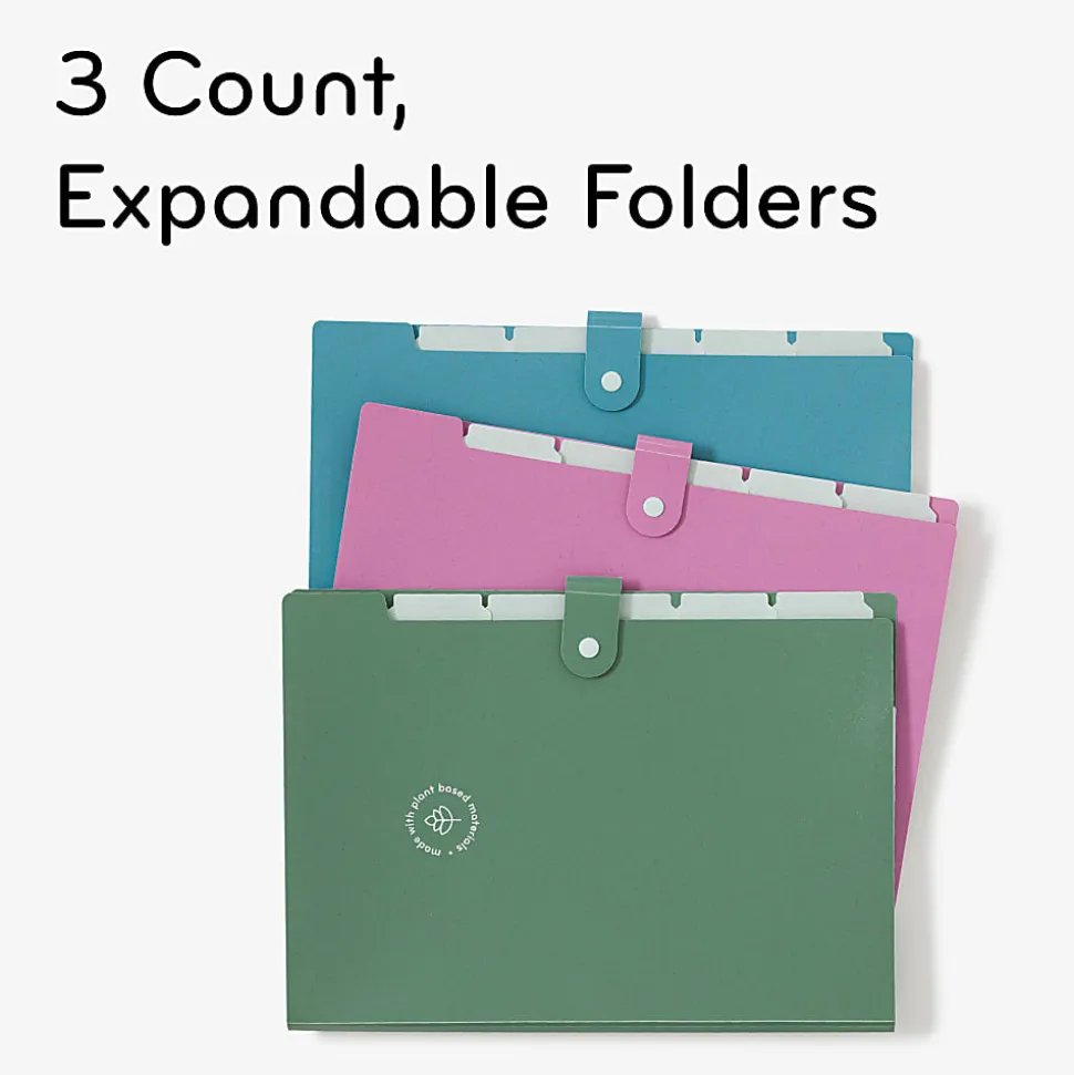 U Brands U-Eco™ 6 Pocket Poly Expandable Folder, 6" Expansion, Letter (8 1/2" x 11"), Assorted Colors, Pack Of 3