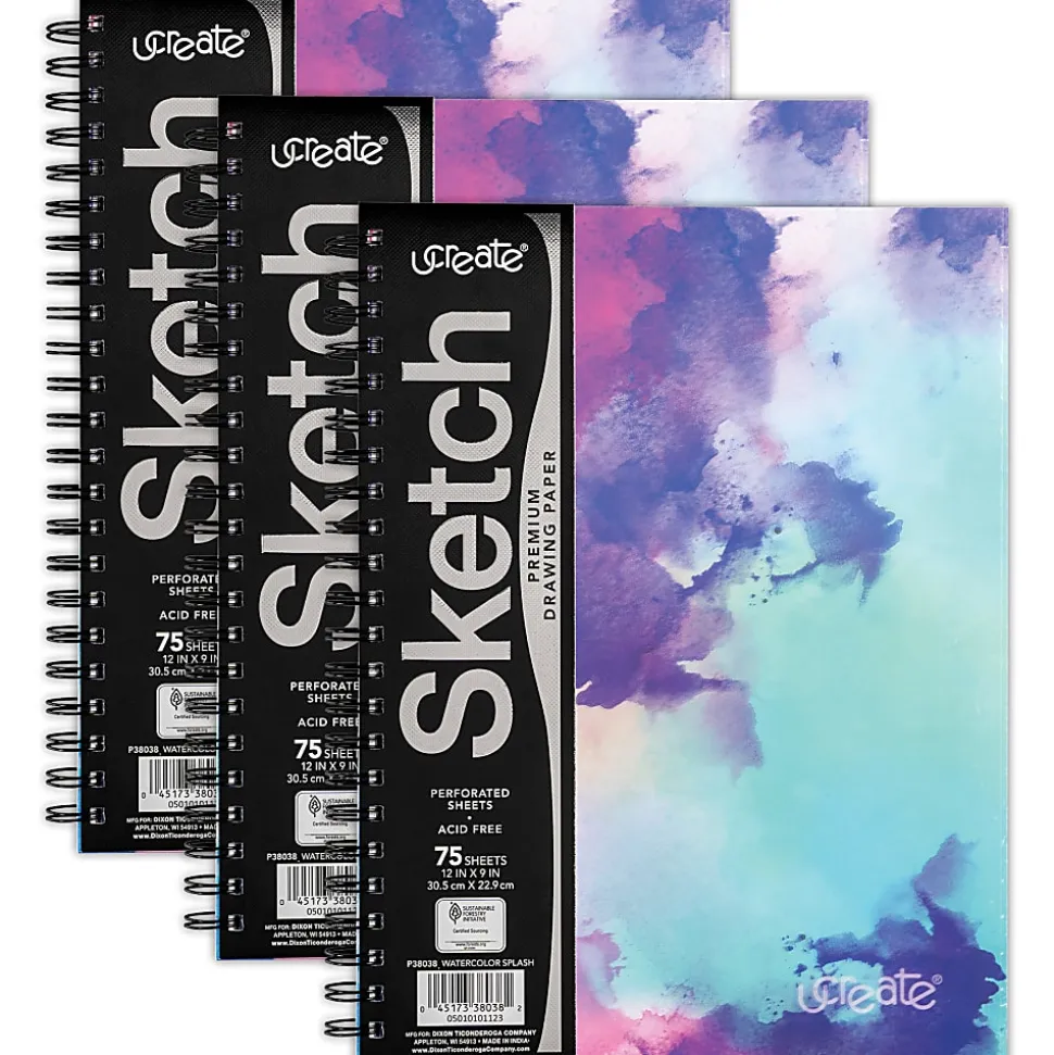 UCreate Fashion Poly Sketch Books, 75 Sheets, 12" x 9", Unruled, Watercolor Splash, Pack Of 3 Books