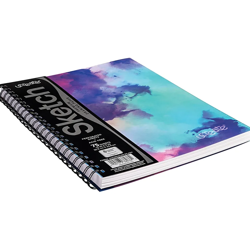 UCreate Fashion Poly Sketch Books, 75 Sheets, 12" x 9", Unruled, Watercolor Splash, Pack Of 3 Books