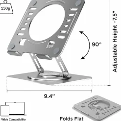 Uncaged Ergonomics Swivel Laptop Stand for Desk - Adjustable Laptop Riser Cooler with 360 Rotation - Up to 15.60