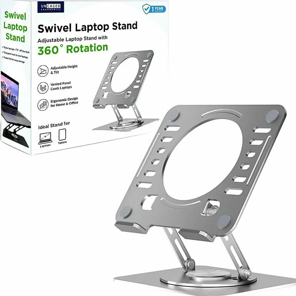 Uncaged Ergonomics Swivel Laptop Stand for Desk - Adjustable Laptop Riser Cooler with 360 Rotation - Up to 15.60" Screen Support - SLSSILVER