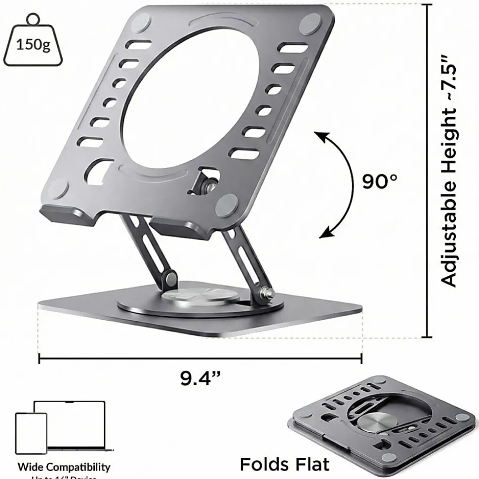 Uncaged Ergonomics Swivel Laptop Stand for Desk - Adjustable Laptop Riser Cooler with 360 Rotation - Up to 15.60" Screen Support - SLSSPACEGRAY