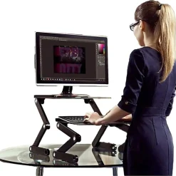 Uncaged Ergonomics WorkEZ Standing Desk laptop stand up desk converter - Raise screens to eye-level | type on an ergonomic keyboard tray