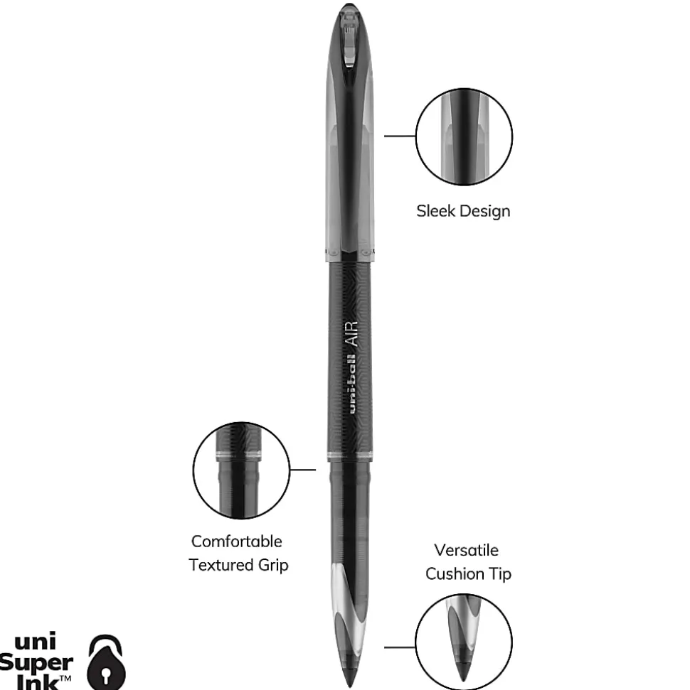 uni-ball® AIR™ Rollerball Pen, Medium Point, 0.7 mm, Black Barrel, Black Ink, Pack Of 12