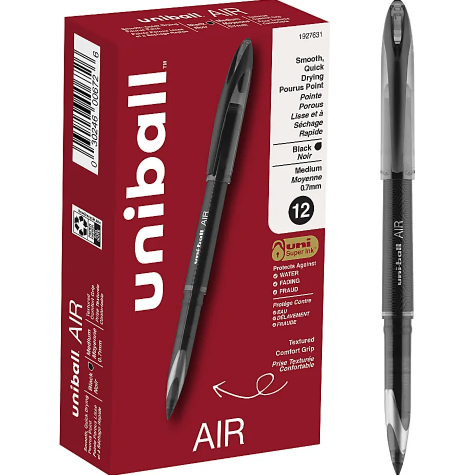 uni-ball® AIR™ Rollerball Pen, Medium Point, 0.7 mm, Black Barrel, Black Ink, Pack Of 12