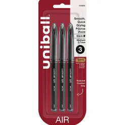 uni-ball® AIR™ Rollerball Pens, Medium Point, 0.7 mm, Black Barrel, Black Ink, Pack Of 3