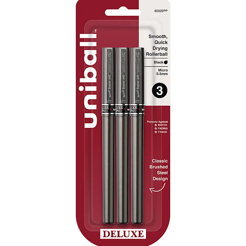 uni-ball® Deluxe Rollerball Pens, Micro Point, 0.5 mm, Graphite Barrel, Black Ink, Pack Of 3
