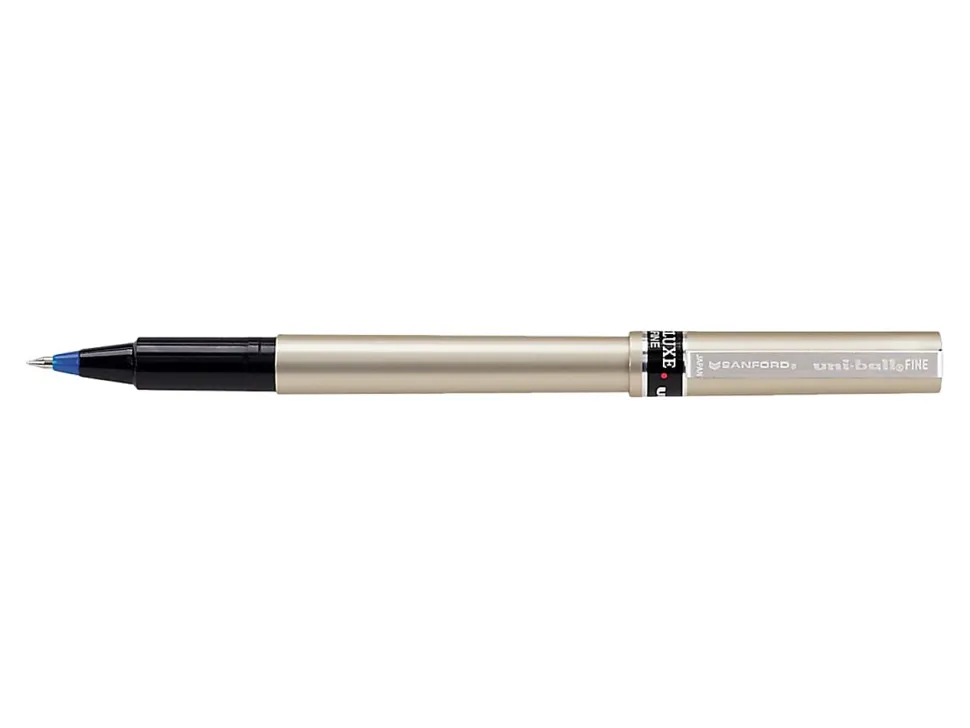 uni-ball® Deluxe Rollerball Pens, Fine Point, 0.7 mm, Gold Barrel, Blue Ink, Pack Of 12