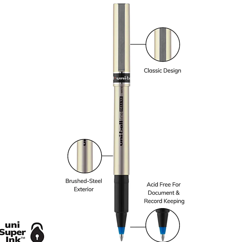 uni-ball® Deluxe Rollerball Pens, Fine Point, 0.7 mm, Gold Barrel, Blue Ink, Pack Of 12