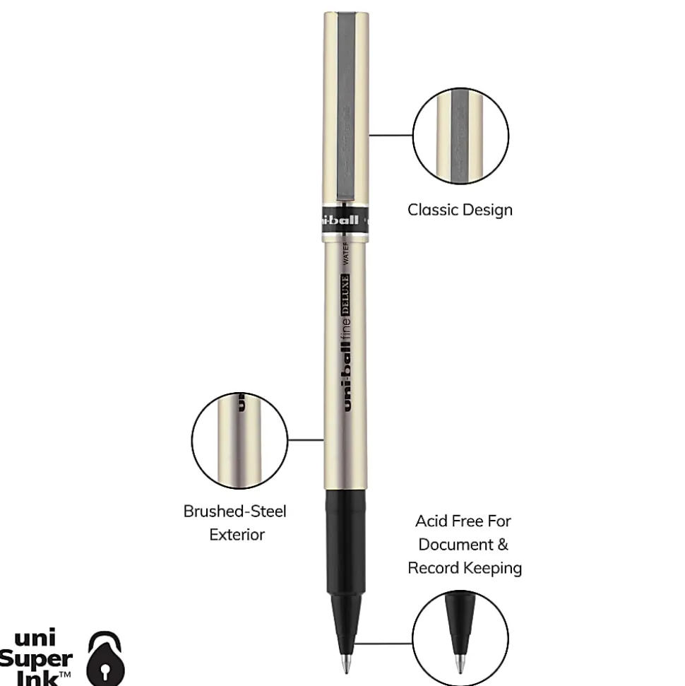 uni-ball® Deluxe Rollerball Pens, Fine Point, 0.7 mm, Gold Barrel, Black Ink, Pack Of 12