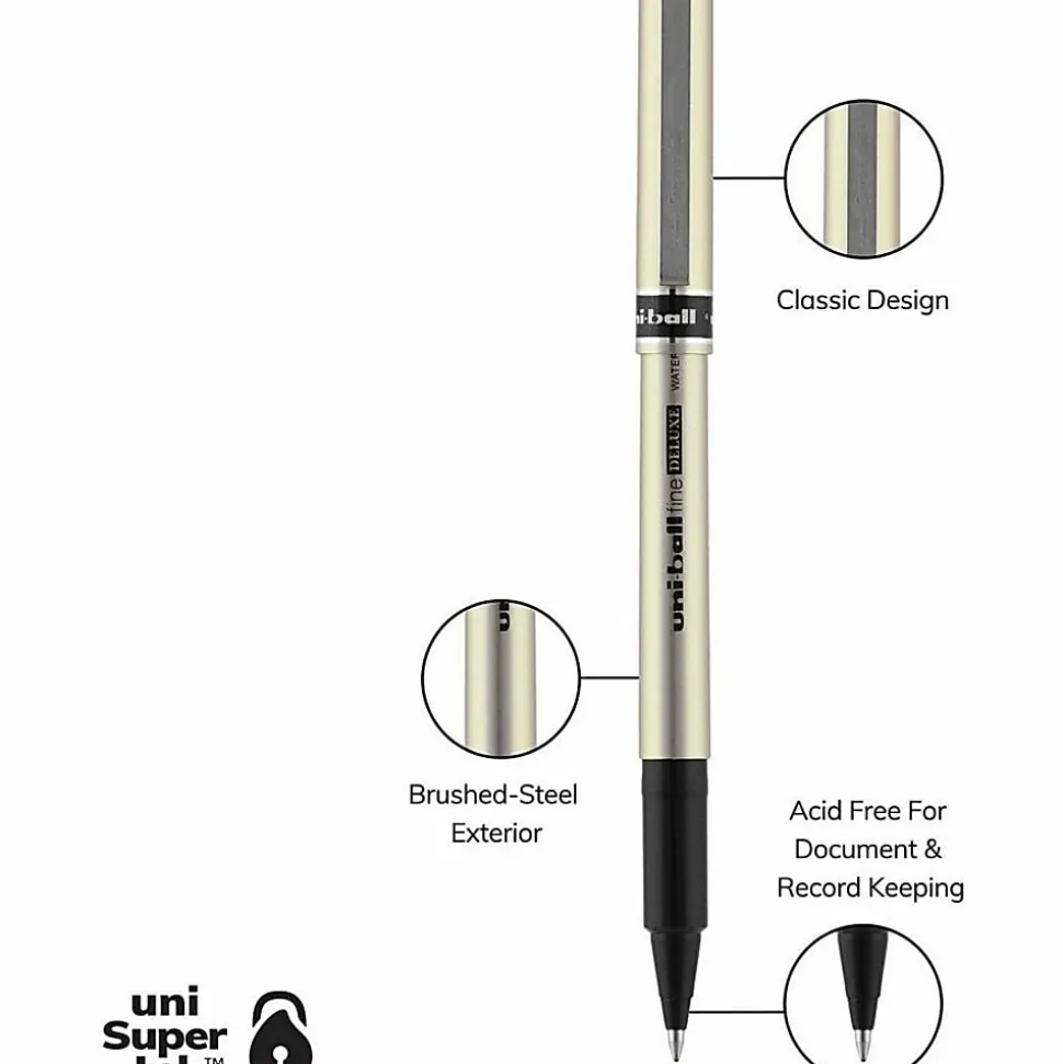 uni-ball® Deluxe Rollerball Pens, Fine Point, 0.7 mm, Gold Barrel, Black Ink, Pack Of 12
