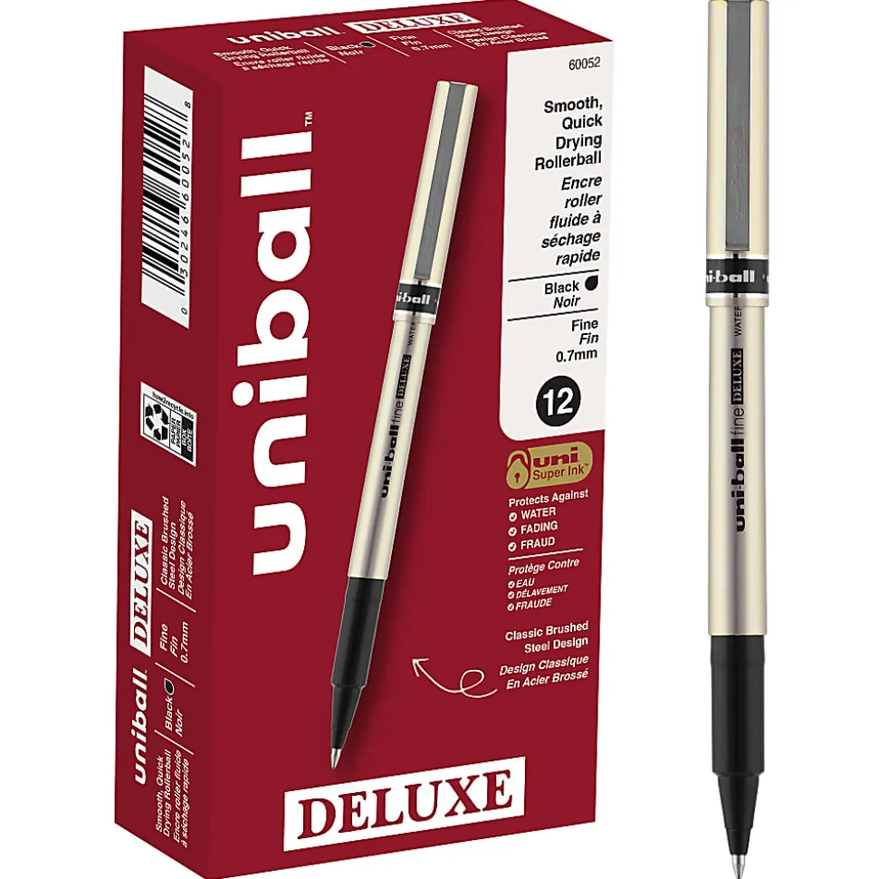 uni-ball® Deluxe Rollerball Pens, Fine Point, 0.7 mm, Gold Barrel, Black Ink, Pack Of 12