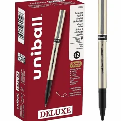 uni-ball® Deluxe Rollerball Pens, Fine Point, 0.7 mm, Gold Barrel, Black Ink, Pack Of 12