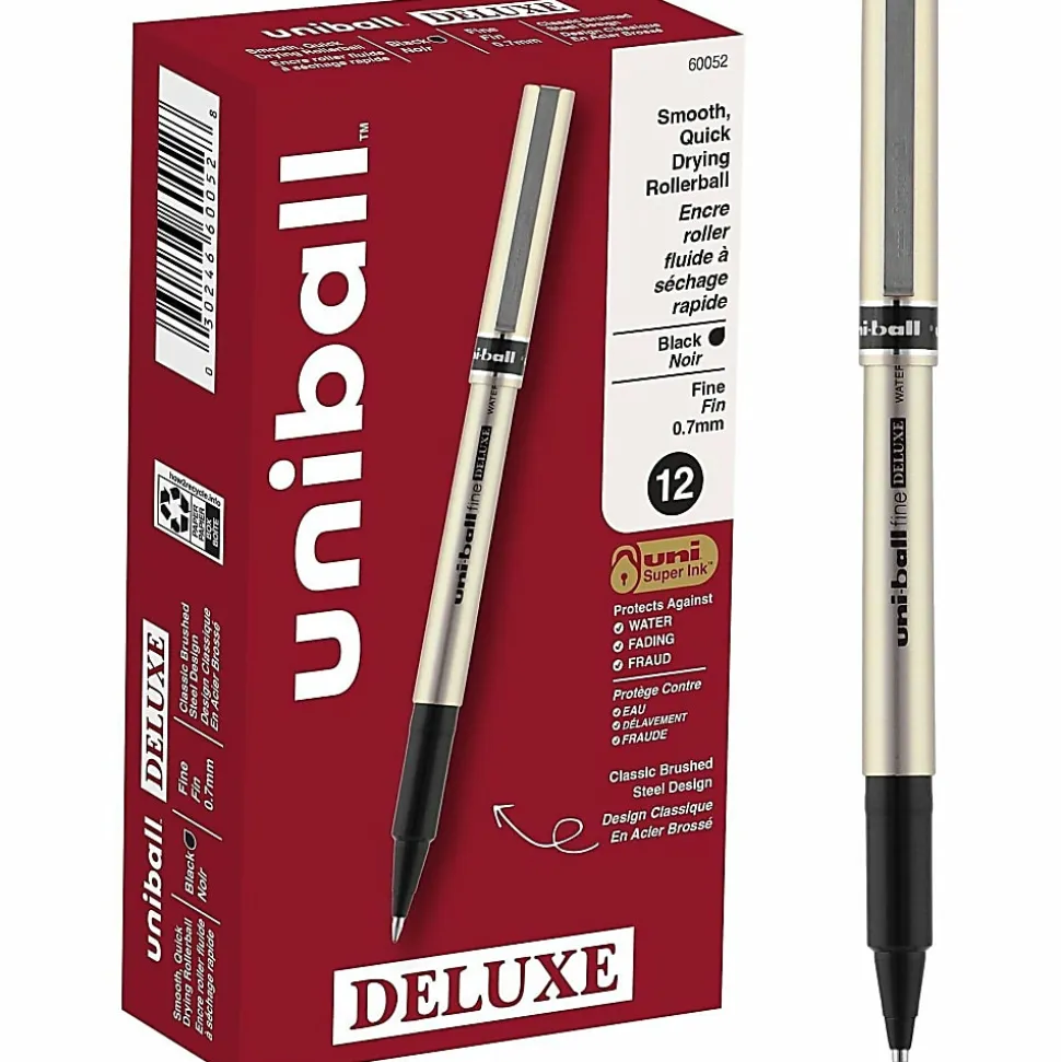 uni-ball® Deluxe Rollerball Pens, Fine Point, 0.7 mm, Gold Barrel, Black Ink, Pack Of 12