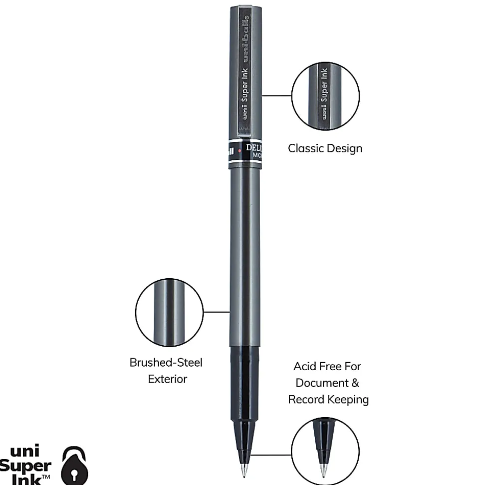 uni-ball® Deluxe Rollerball Pens, Micro Point, 0.5 mm, Charcoal Barrel, Black Ink, Pack Of 12