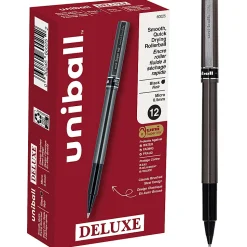 uni-ball® Deluxe Rollerball Pens, Micro Point, 0.5 mm, Charcoal Barrel, Black Ink, Pack Of 12